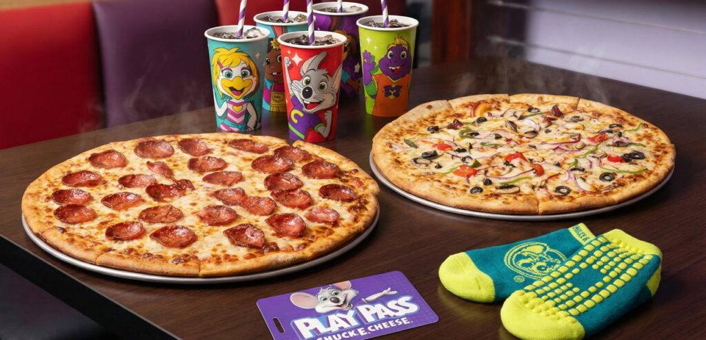 A photo of a dining table at Chuck E. Cheese Joondalup filled with Pizza, soft drinks, game play pass and adventure zone socks.