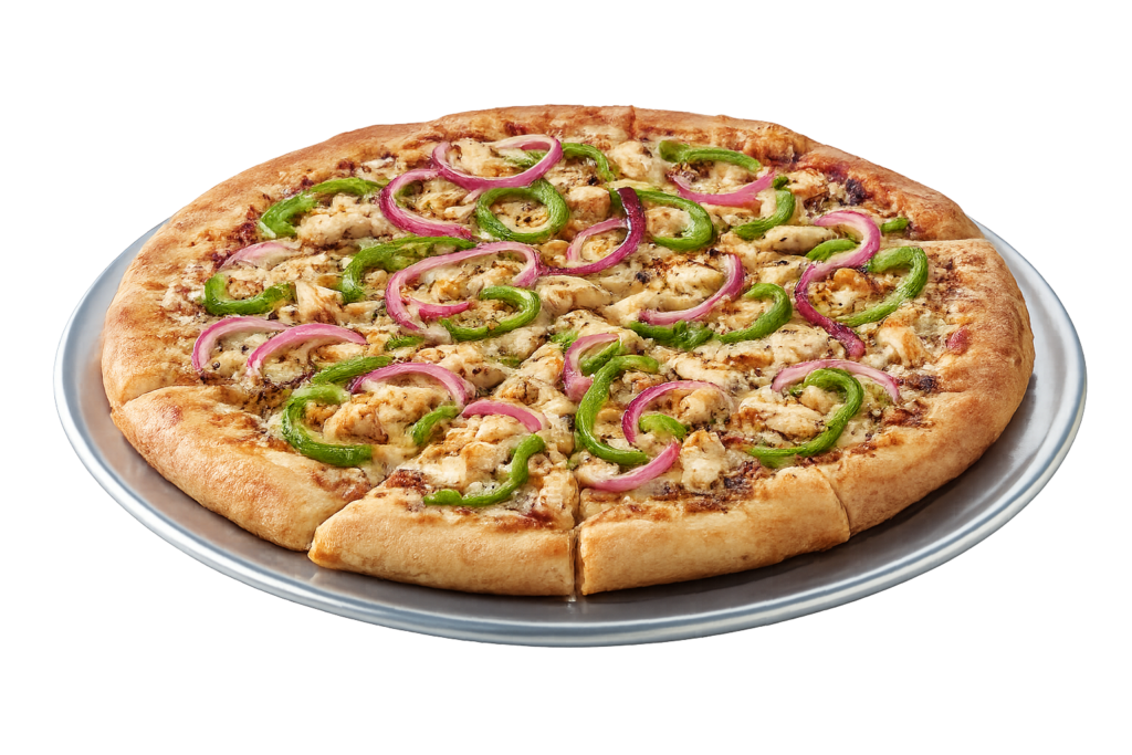 Photo of the Chuck E. Cheese Australia Homestyle BBQ Chicken Pizza which is available with certified Halal Chicken wings.